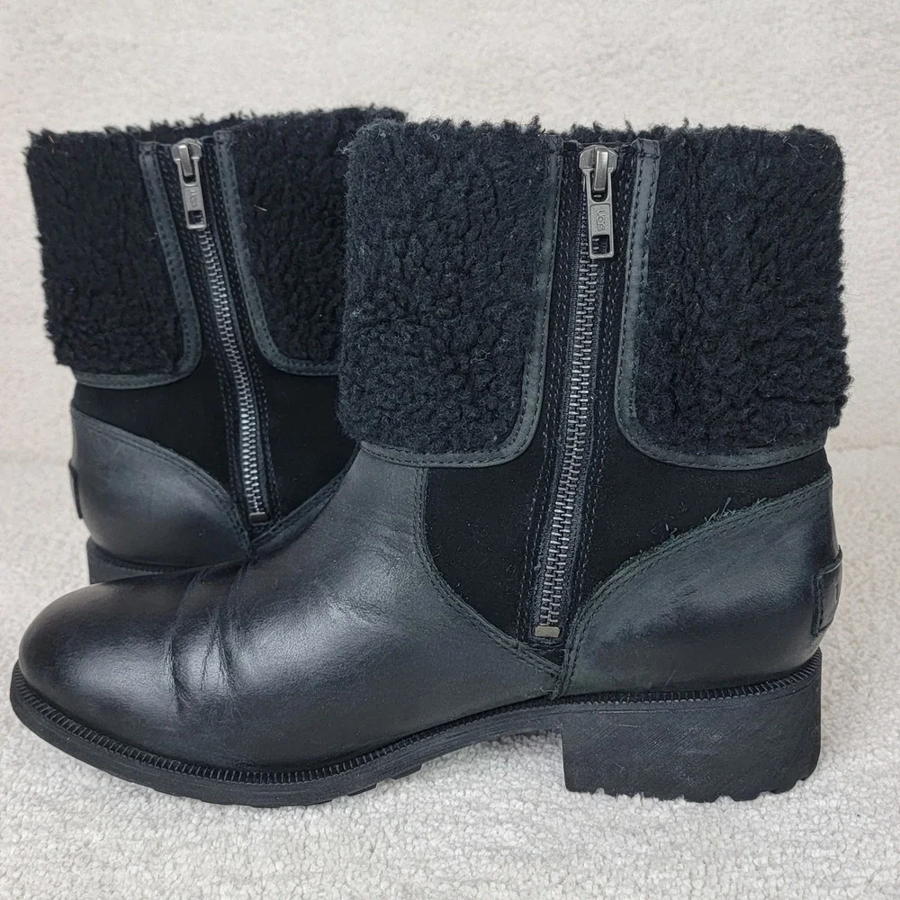 UGG‎ Women's 9 Elings Black Leather Shearling Gorpcore Moto Waterproof Boots